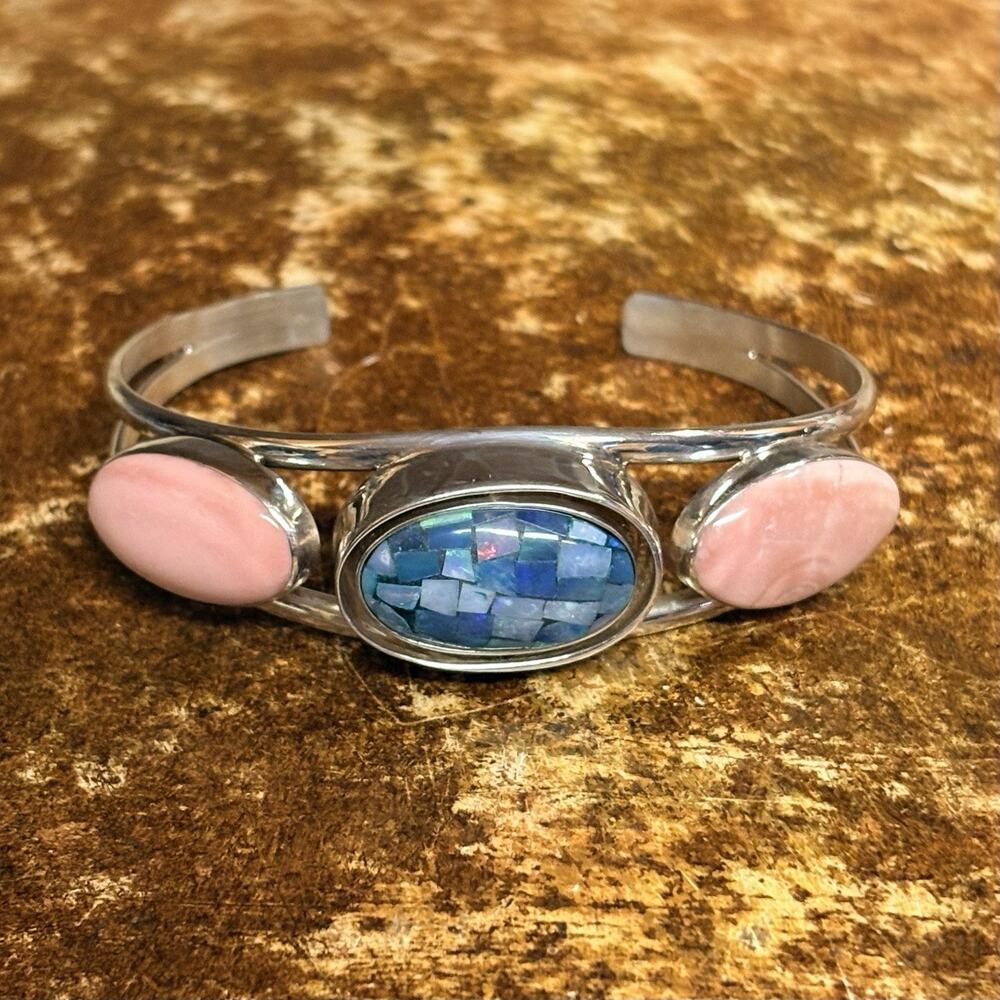 Jay King Reversible Cuff Bracelet Sterling Silver, Pink and Mosaic Opal Stones